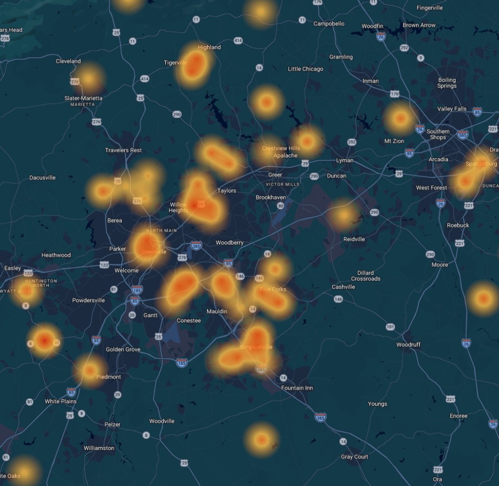 Heat map of Detail Solar work across Greenville and the Upstate